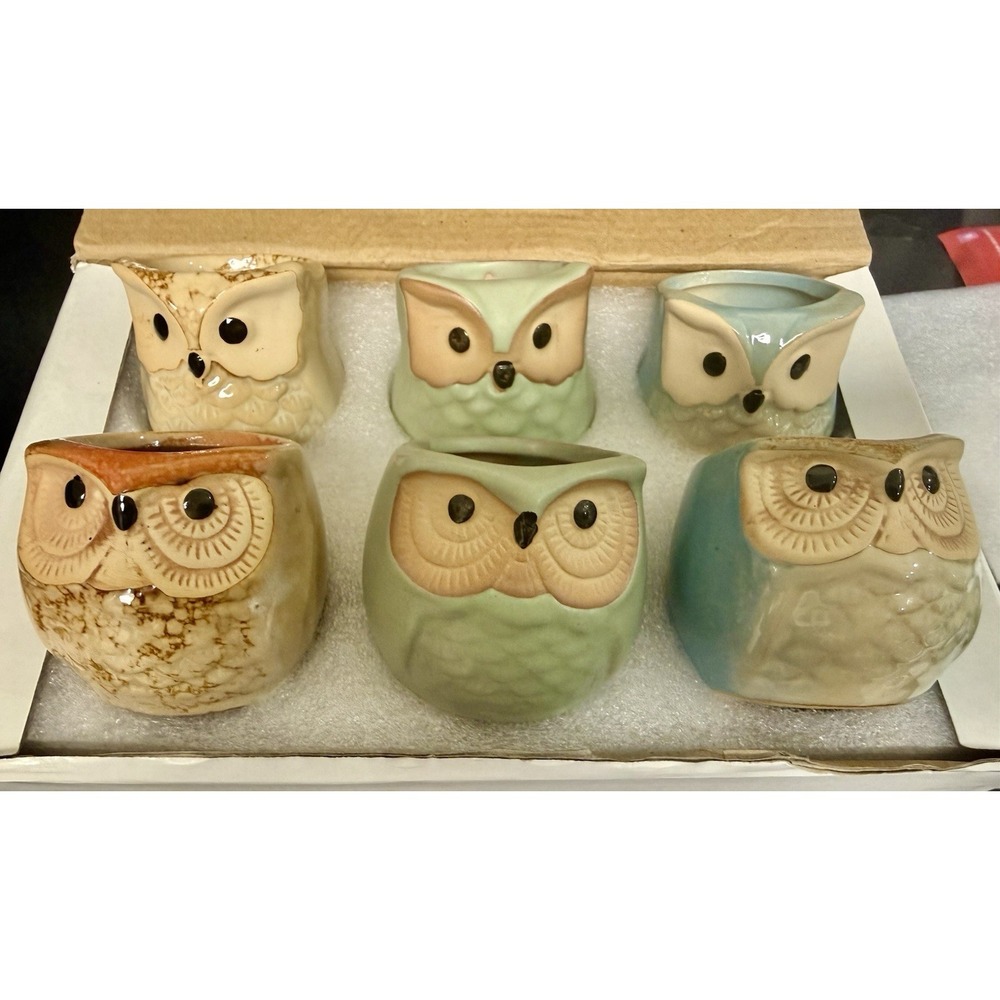 Adorable Mini Owl Planters Or Votive Candie Holders Set Of 6 New In Box